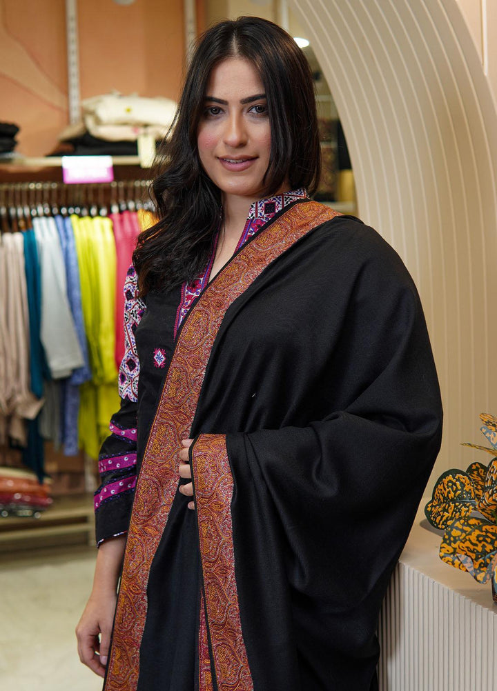 Sanaulla Exclusive Range  Pashmina  Shawls Mh Dour Sdt KPS-09 Black05 - Pashmina Shawls