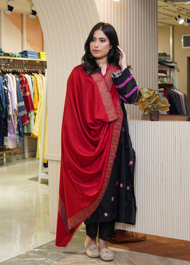 Sanaulla Exclusive Range  Pashmina  Shawls Mh Dour Sdt KPS-09 Red01 - Pashmina Shawls