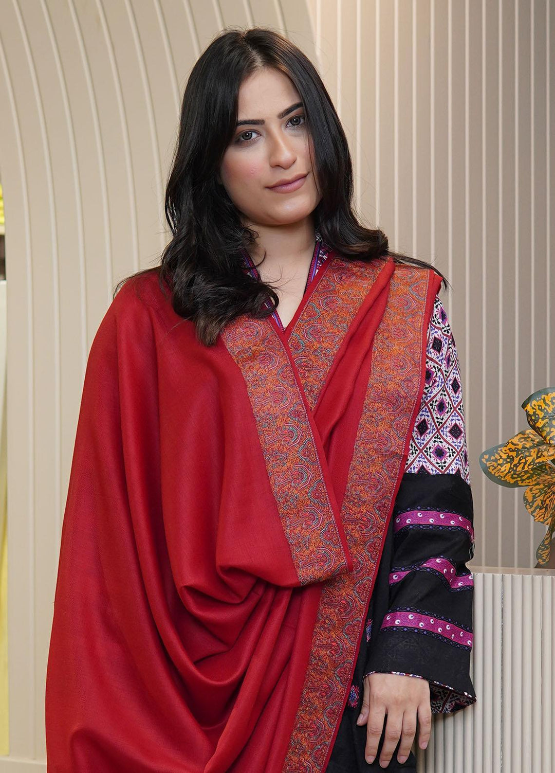 Sanaulla Exclusive Range  Pashmina  Shawls Mh Dour Sdt KPS-09 Red01 - Pashmina Shawls