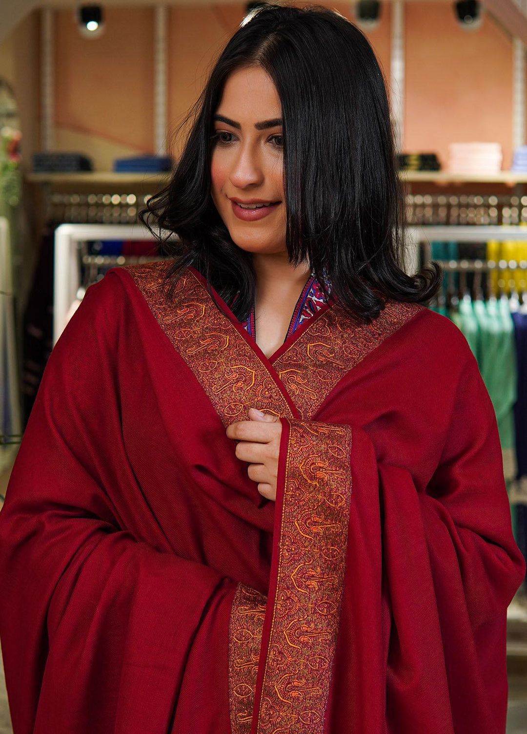 Sanaulla Exclusive Range  Pashmina  Shawls Mh Dour Sdt KPS-09 Red02 - Pashmina Shawls