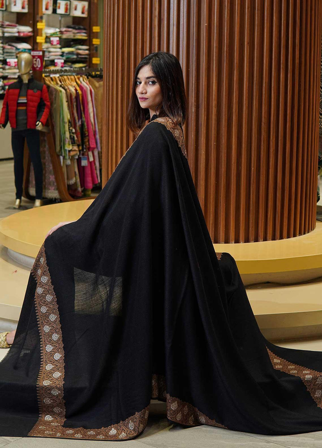 Sanaulla Exclusive Range  Pashmina  Shawls Mh Tilla Kallah Dour Ght KPS-18 Black03 - Pashmina Shawls