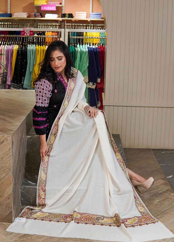 Sanaulla Exclusive Range  Pashmina  Shawls Nalki Zarri Kaalah Dour Hw KPS-36 White - Pashmina Shawls