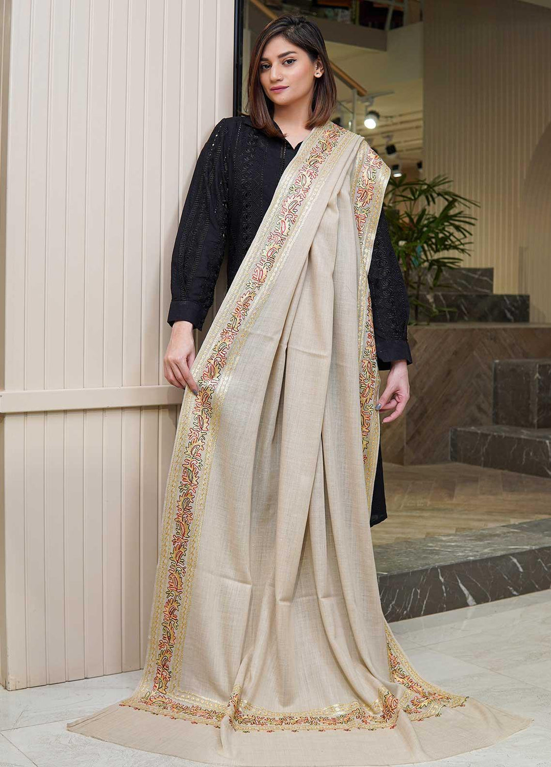 Sanaulla Exclusive Range  Pashmina  Shawls MAMA-27 Fawn-9 - Pashmina Shawls