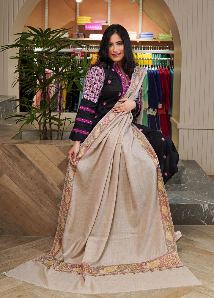 Sanaulla Exclusive Range  Pashmina  Shawls Nalki Zarri Kaalah Dour Hw KPS-36 Fawn02 - Pashmina Shawls