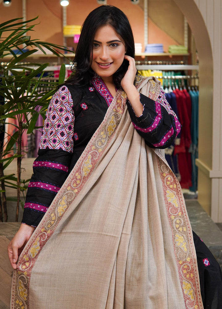 Sanaulla Exclusive Range  Pashmina  Shawls Nalki Zarri Kaalah Dour Hw KPS-36 Fawn02 - Pashmina Shawls