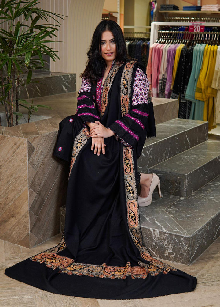 Sanaulla Exclusive Range  Pashmina  Shawls Nalki Zarri Kaalah Dour Hw KPS-36 Black01 - Pashmina Shawls