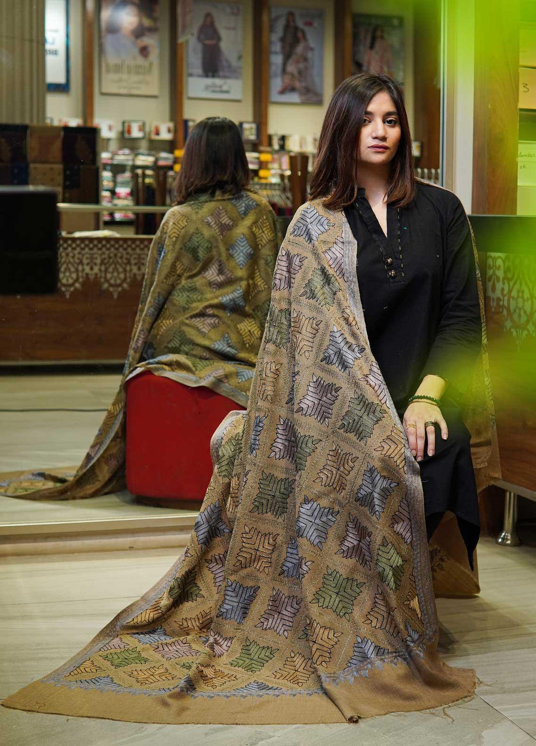 Sanaulla Exclusive Range  Pashmina  Shawls Zarri Nalki Pasily Jaal AD KPS-43 Brown05 - Pashmina Shawls