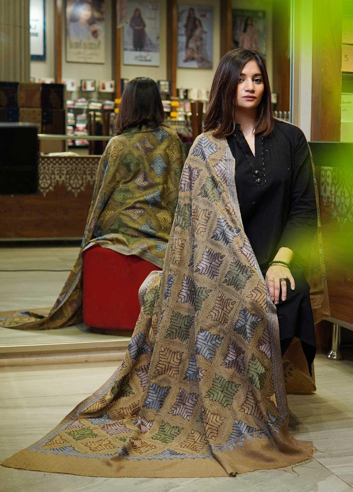Sanaulla Exclusive Range  Pashmina  Shawls Zarri Nalki Pasily Jaal AD KPS-43 Brown05 - Pashmina Shawls