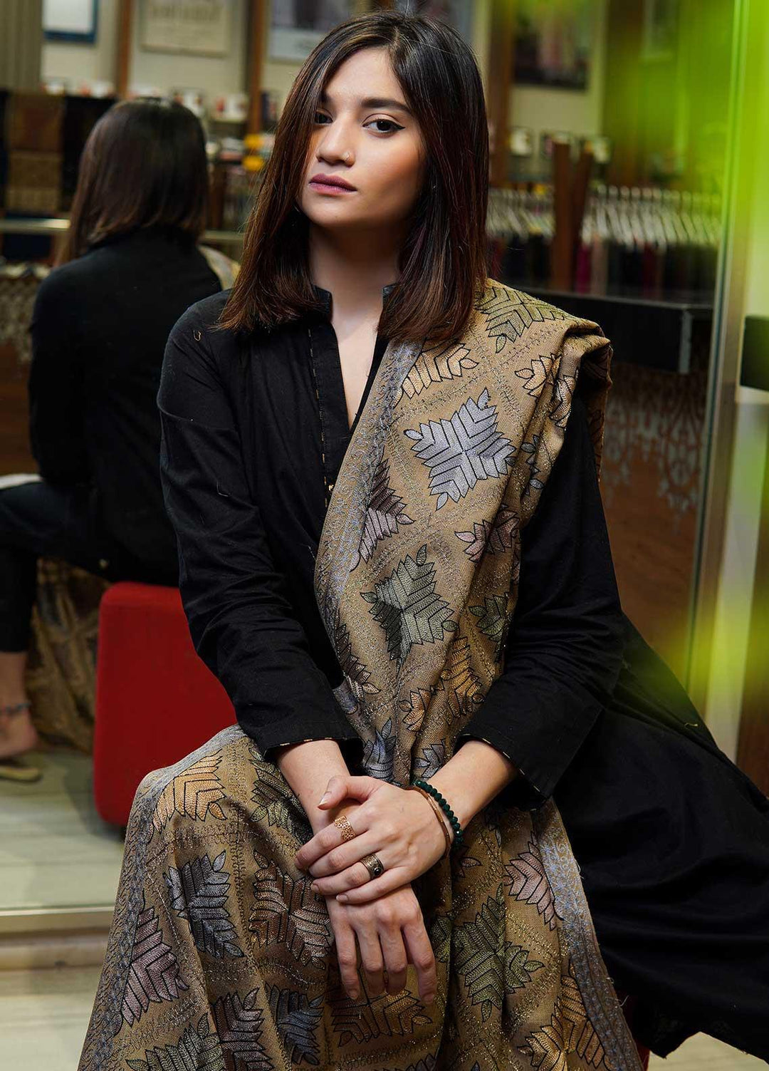 Sanaulla Exclusive Range  Pashmina  Shawls Zarri Nalki Pasily Jaal AD KPS-43 Brown05 - Pashmina Shawls