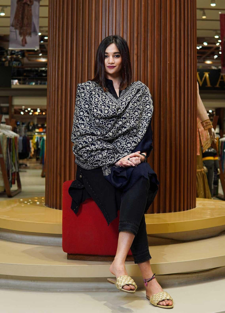 Sanaulla Exclusive Range  Pashmina  Shawls Nalki Zarri Small Jaal AD KPS-49 Blue01 - Pashmina Shawls