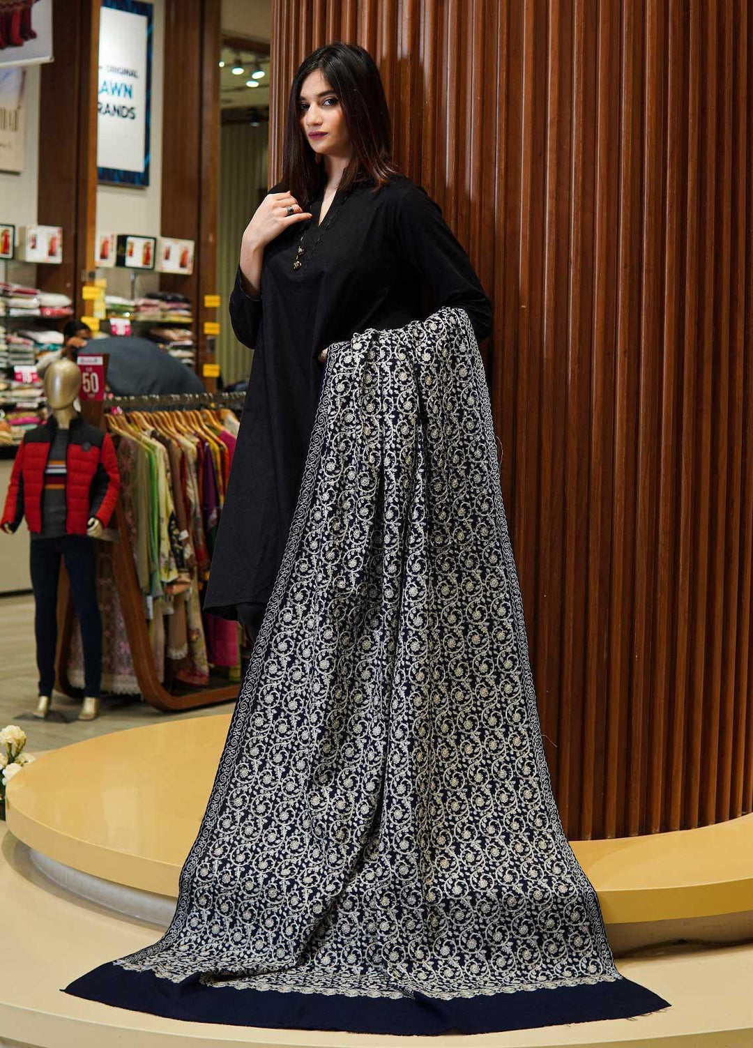 Sanaulla Exclusive Range  Pashmina  Shawls Nalki Zarri Small Jaal AD KPS-49 Blue01 - Pashmina Shawls