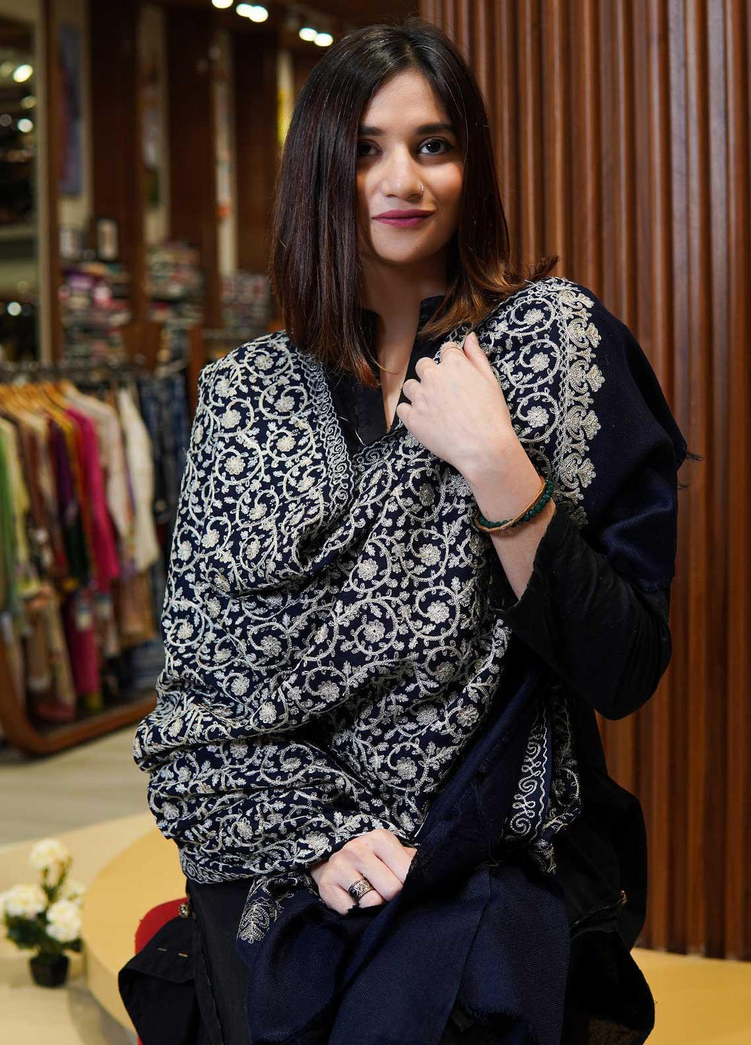 Sanaulla Exclusive Range  Pashmina  Shawls Nalki Zarri Small Jaal AD KPS-49 Blue01 - Pashmina Shawls