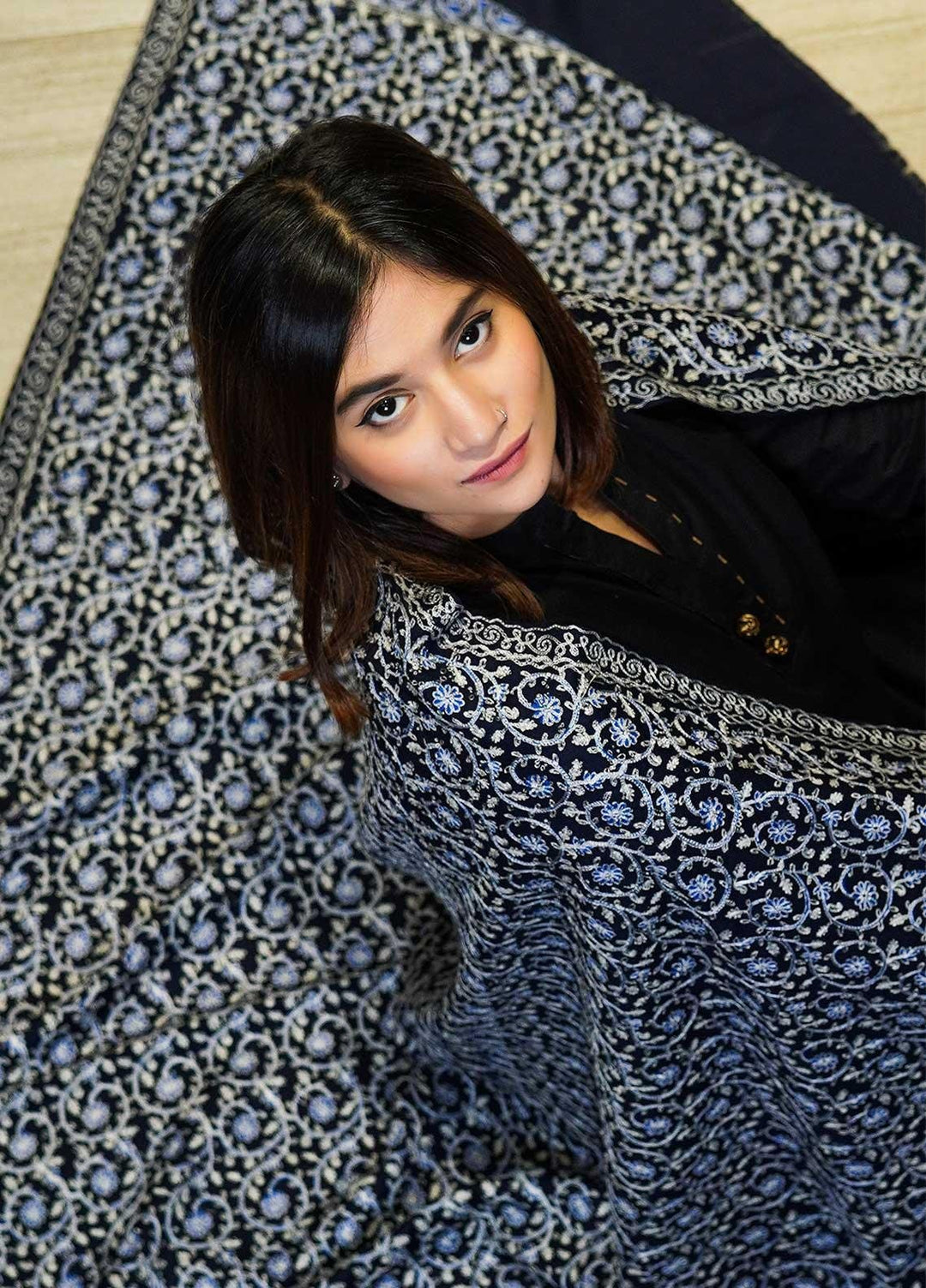 Sanaulla Exclusive Range  Pashmina  Shawls Nalki Zarri Small Jaal AD KPS-49 Blue03 - Pashmina Shawls