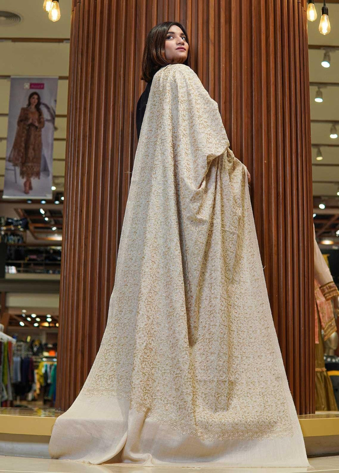 Sanaulla Exclusive Range  Pashmina  Shawls Nalki Zarri Small Jaal AD KPS-49 Fawn02 - Pashmina Shawls