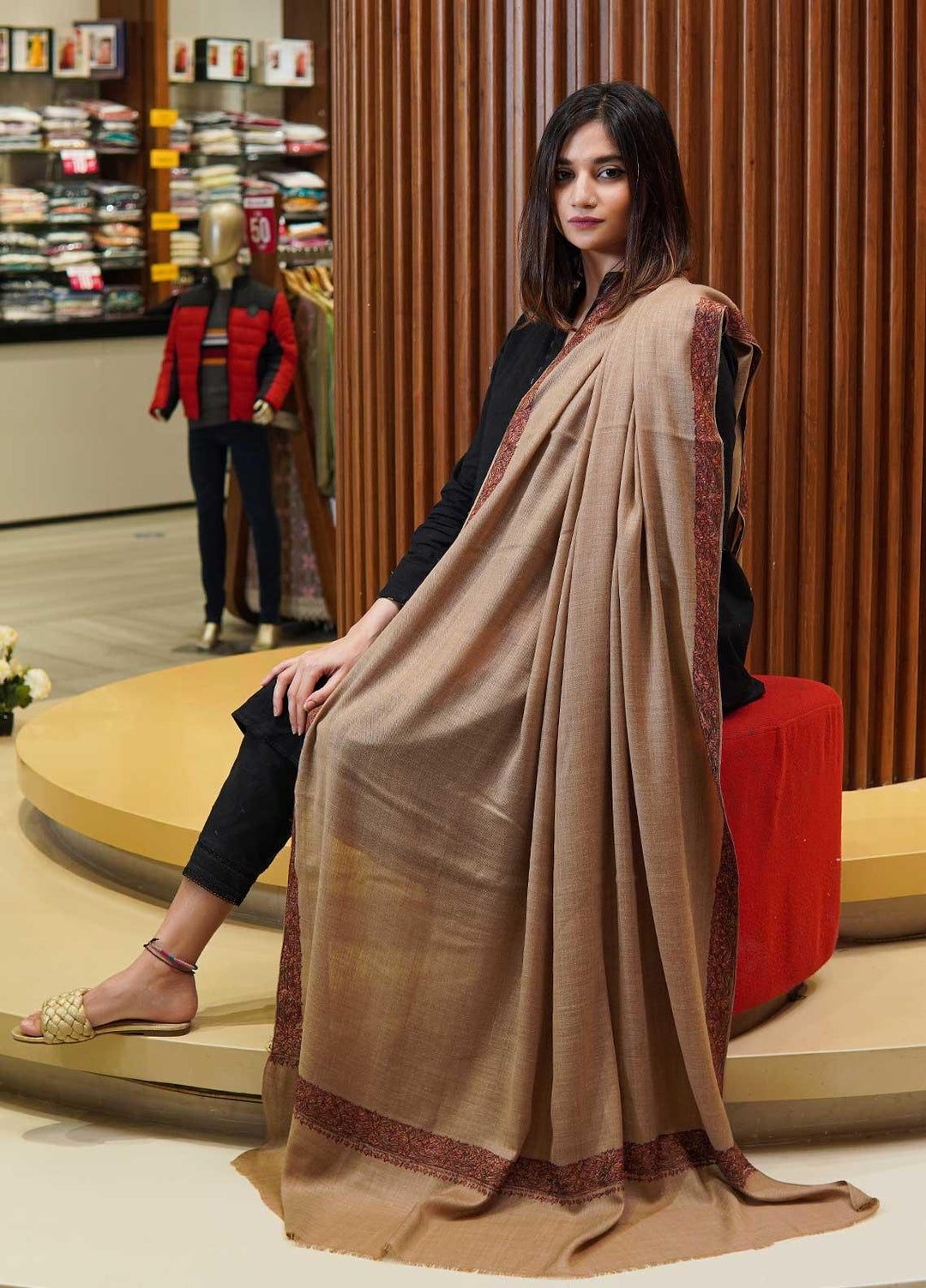 Sanaulla Exclusive Range  Pashmina  Shawls MAMA-16 Fawn-2 - Pashmina Shawls