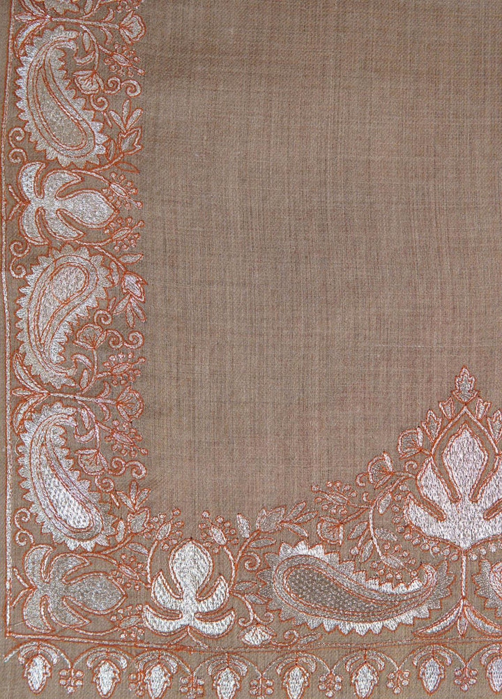 Sanaulla Exclusive Range  Pashmina  Shawls Zarri Pasily Chanar Boder Jw KPS-57 Brown-03 - Pashmina Shawls