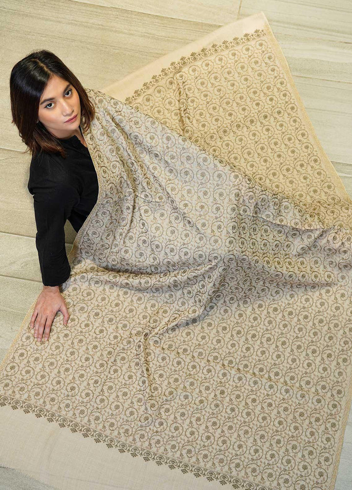 Sanaulla Exclusive Range  Pashmina  Shawls Nalki Zarri Small Jaal AD KPS-49 Fawn04 - Pashmina Shawls