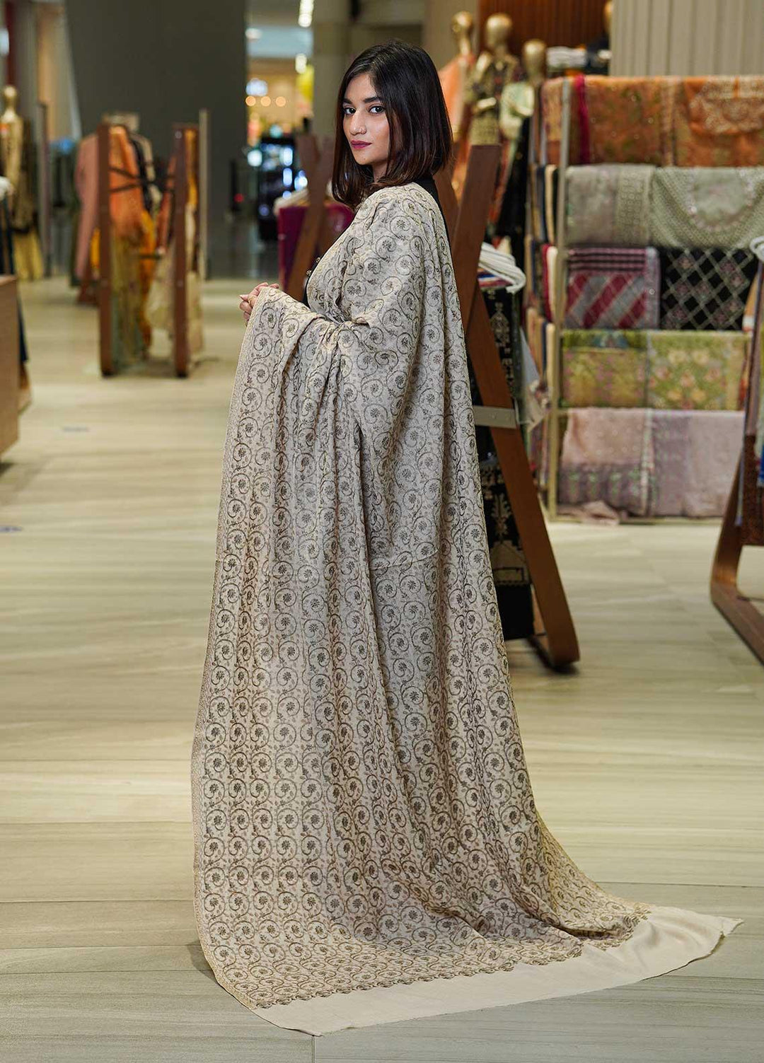 Sanaulla Exclusive Range  Pashmina  Shawls Nalki Zarri Small Jaal AD KPS-49 Fawn04 - Pashmina Shawls