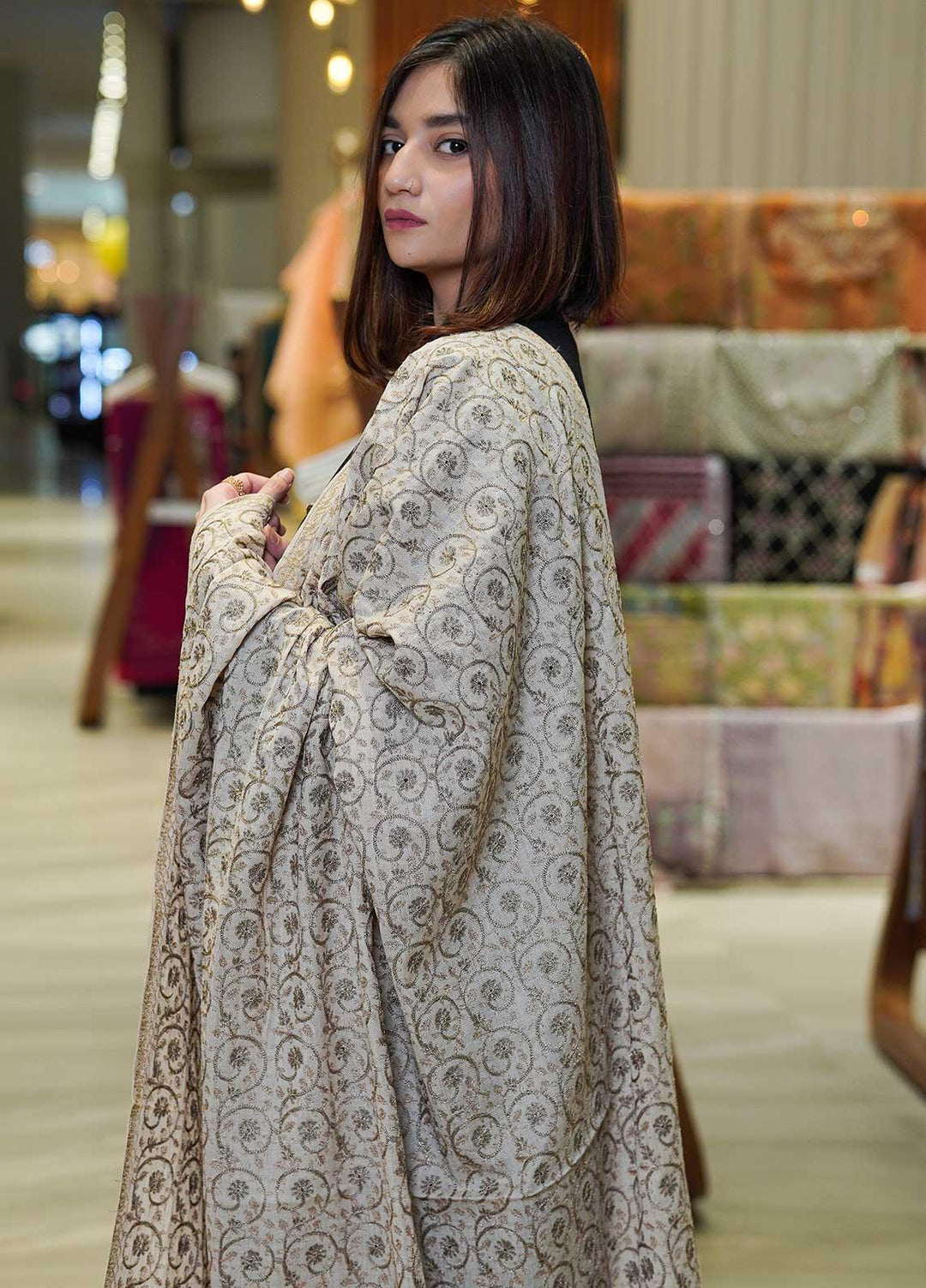 Sanaulla Exclusive Range  Pashmina  Shawls Nalki Zarri Small Jaal AD KPS-49 Fawn04 - Pashmina Shawls