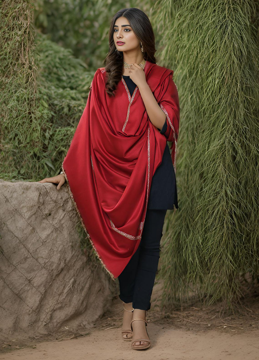 Sanaulla Exclusive Range  Pashmina  KPS 781 D-15 Red 1 - Women Shawls