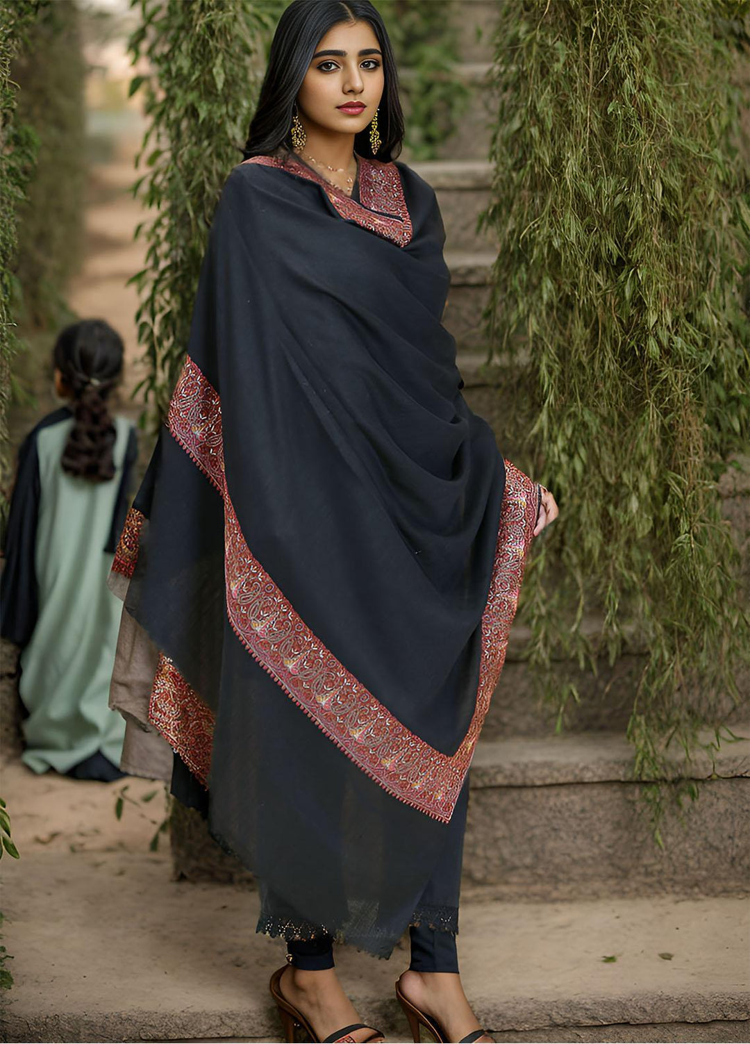 Sanaulla Exclusive Range  Pashmina  KPS 781 D-16 Black 1 - Women Shawls