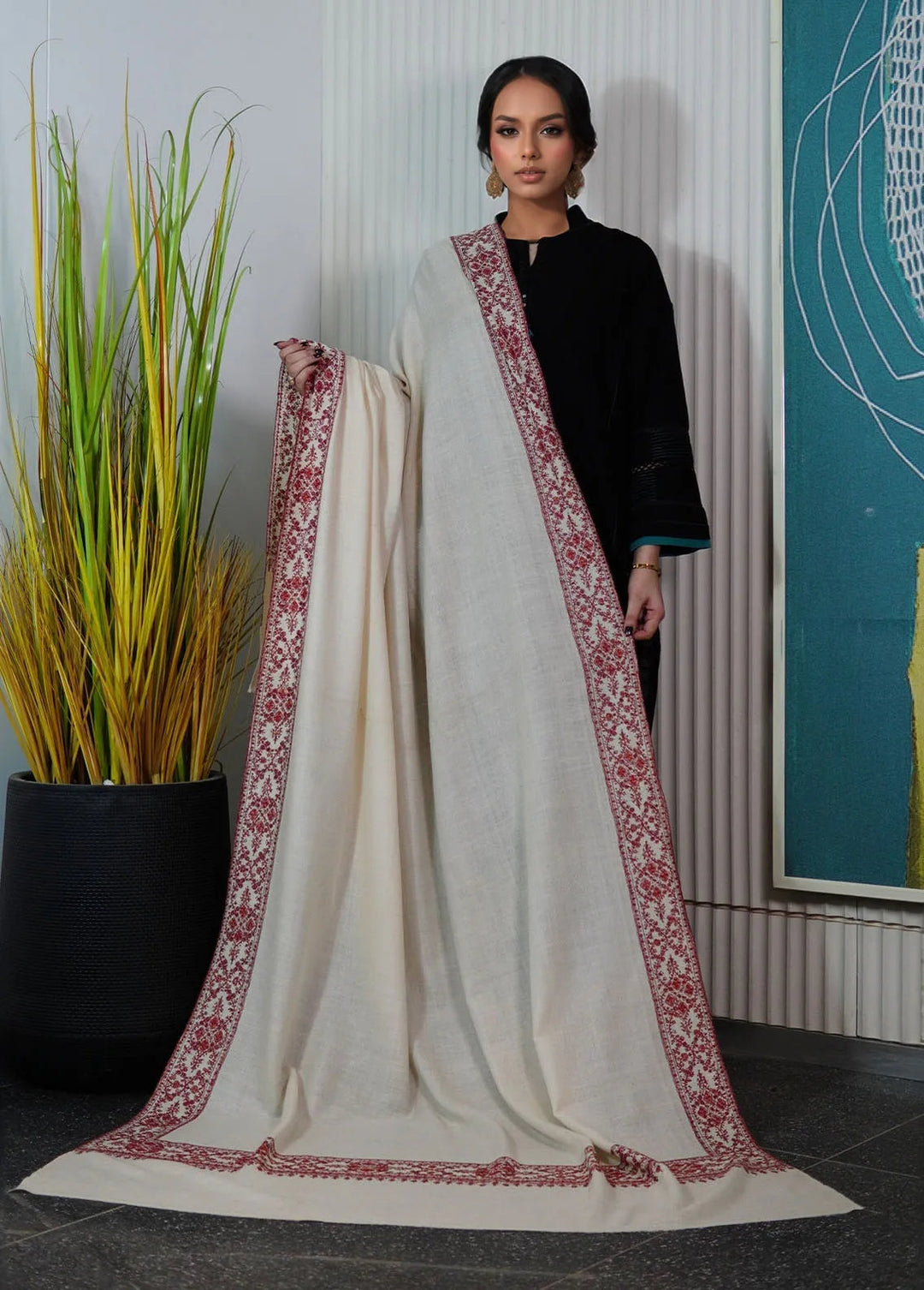 Sanaulla Exclusive Range Pashmina Shawl AKP-10 Off-White - Winter Collection