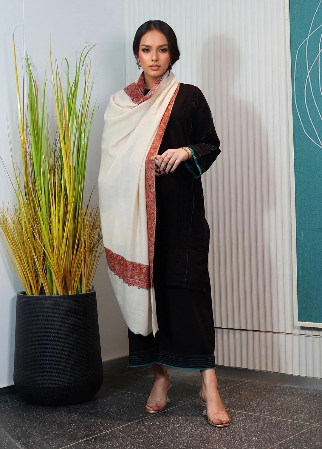 Sanaulla Exclusive Range Pashmina Shawl AKP-11 Off-White - Winter Collection