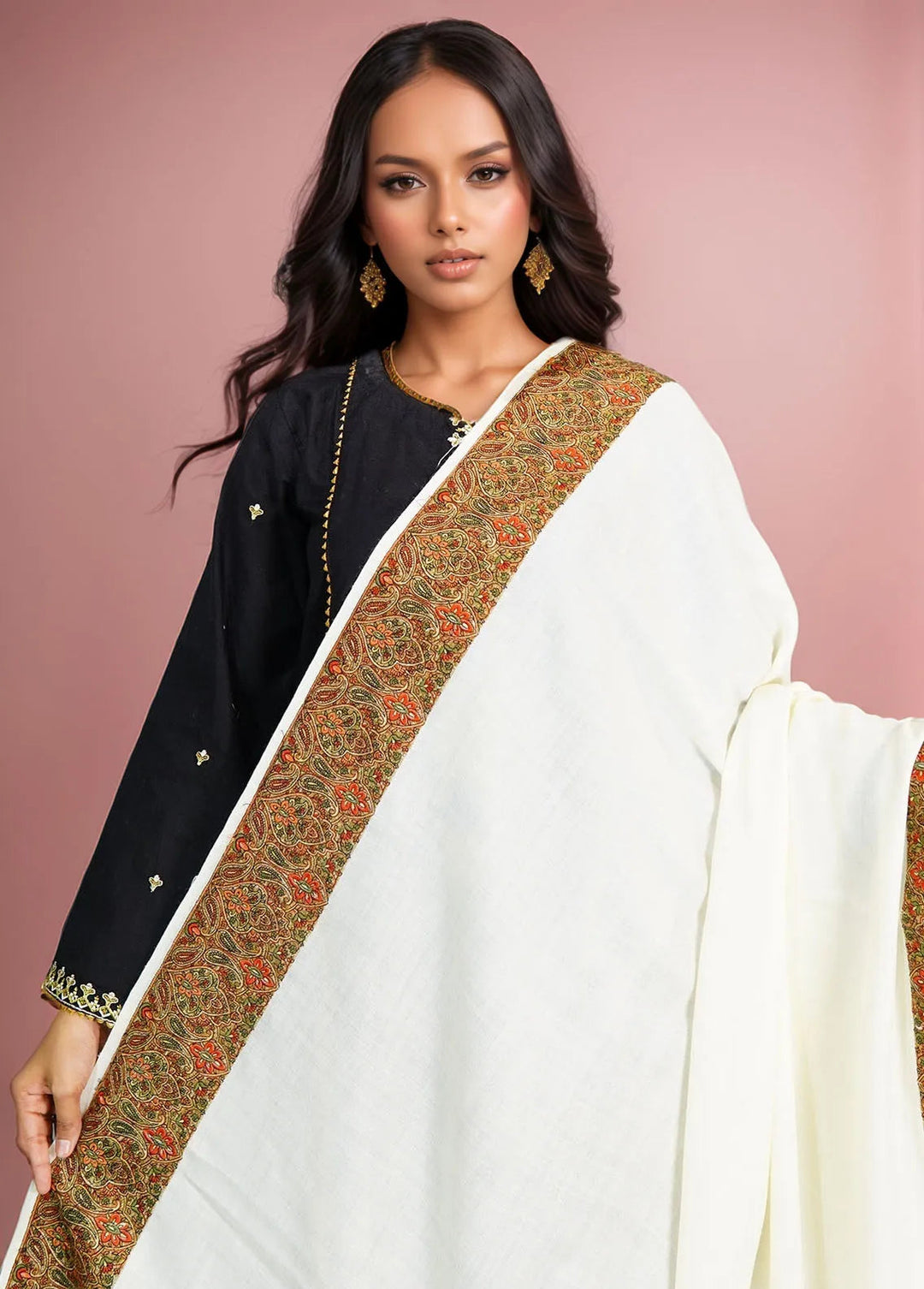 Sanaulla Exclusive Range Pashmina Shawl D-10 Off White - Winter Collection