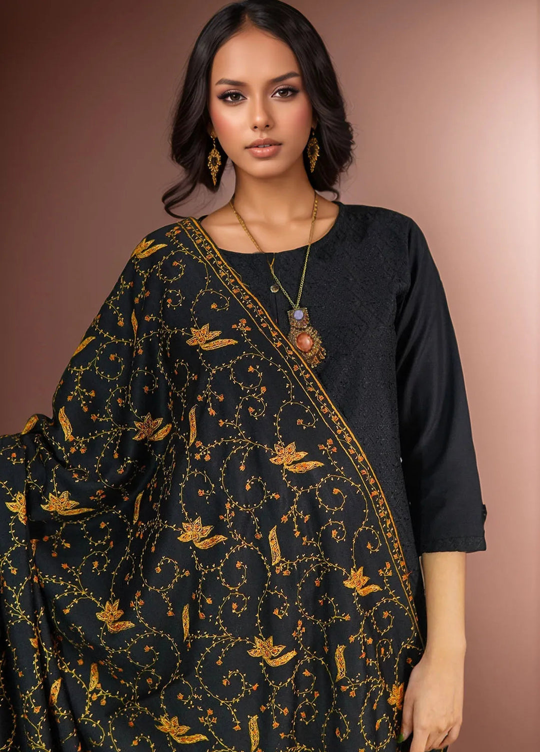 Sanaulla Exclusive Range Pashmina Shawl D-15 Black 1 - Winter Collection