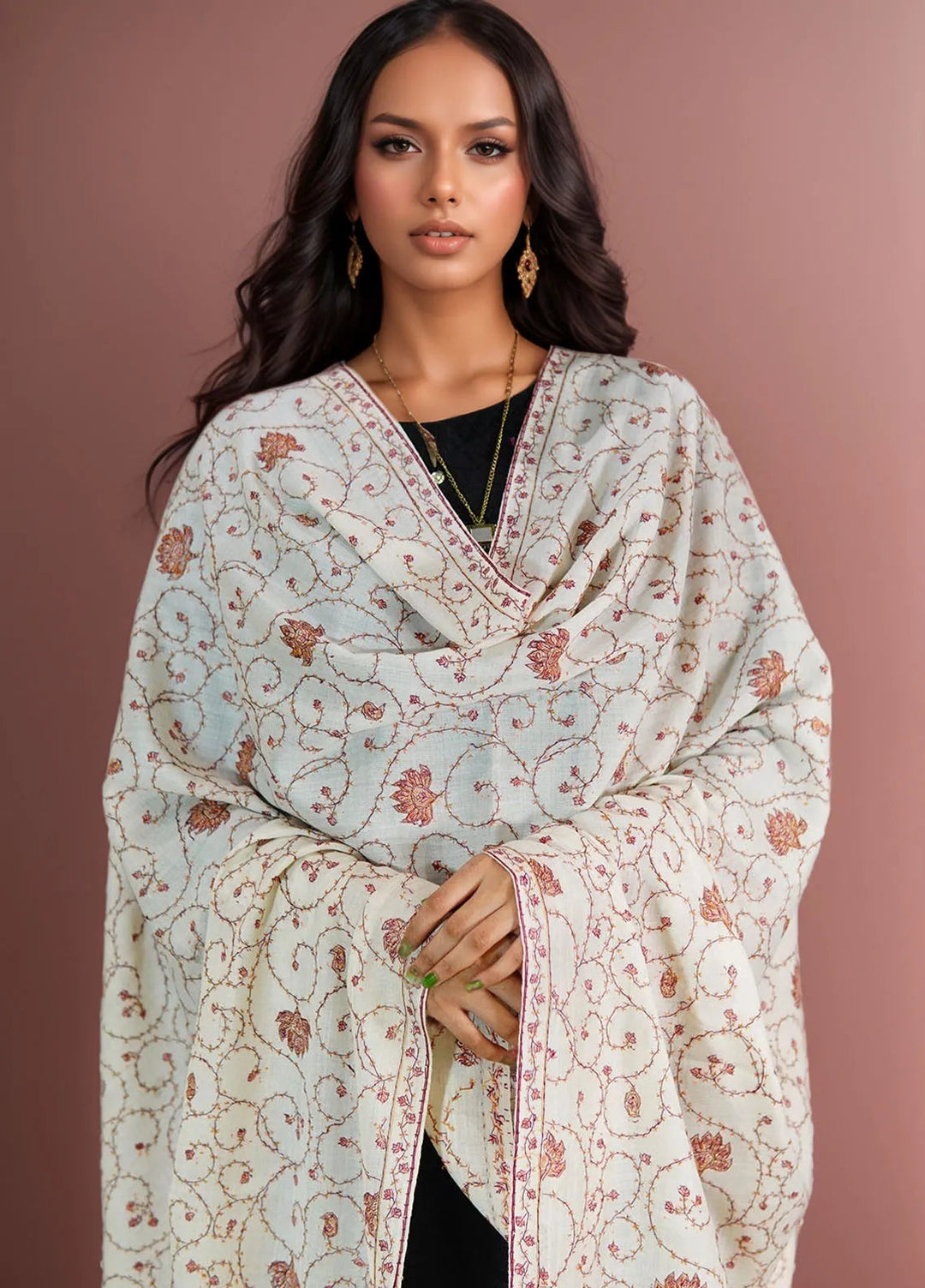 Sanaulla Exclusive Range Pashmina Shawl D-15 Cream - Winter Collection