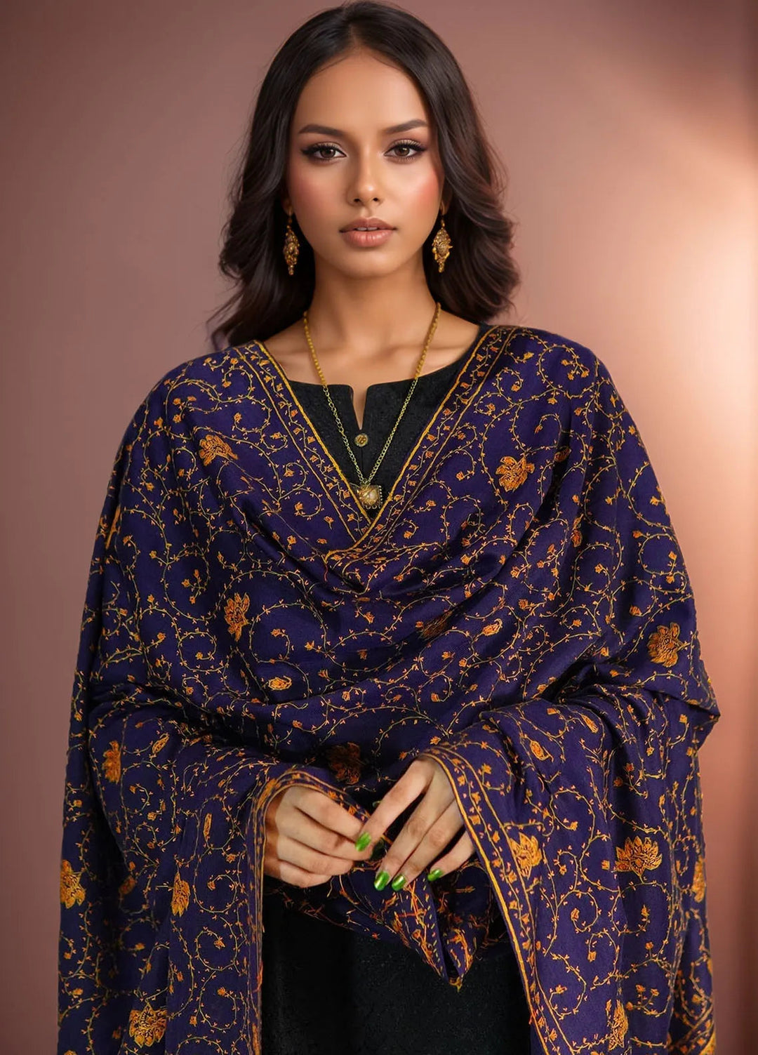 Sanaulla Exclusive Range Pashmina Shawl D-15 Navy Blue 1 - Winter Collection