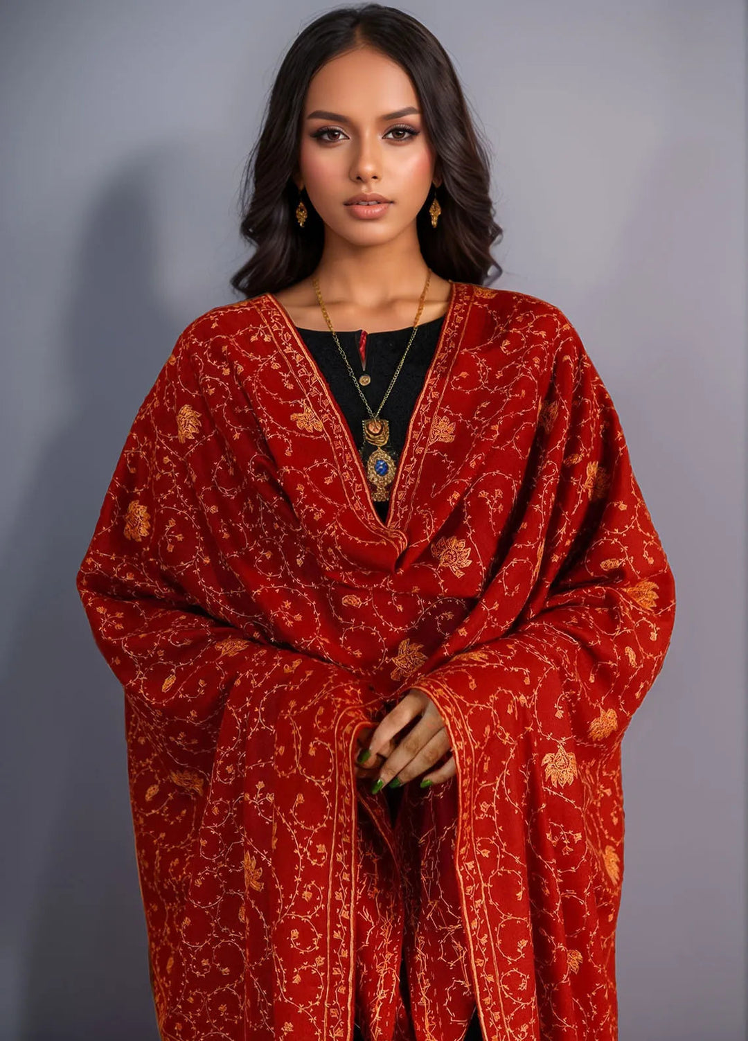 Sanaulla Exclusive Range Pashmina Shawl D-15 Red - Winter Collection