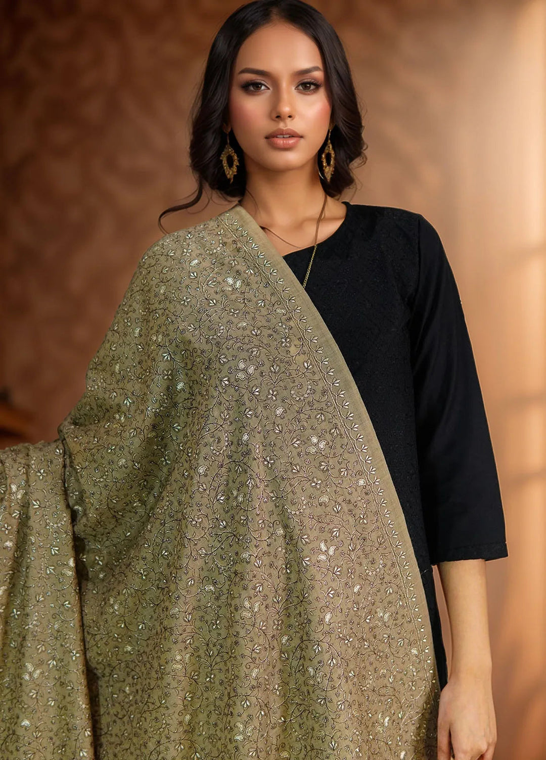 Sanaulla Exclusive Range Pashmina Shawl D-16 Brown - Winter Collection