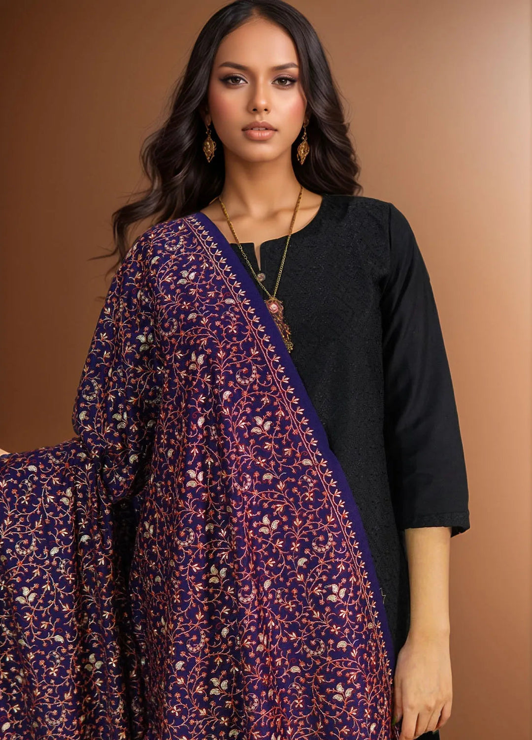 Sanaulla Exclusive Range Pashmina Shawl D-16 Navy Blue - Winter Collection