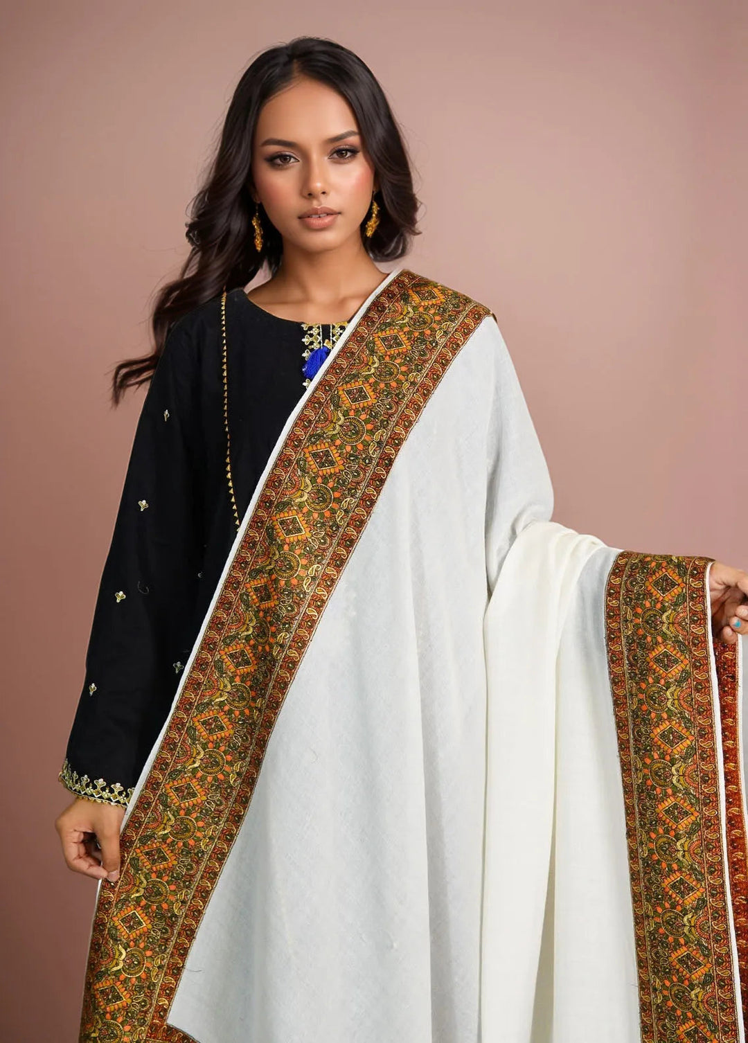 Sanaulla Exclusive Range Pashmina Shawl D-17 White 1 - Winter Collection
