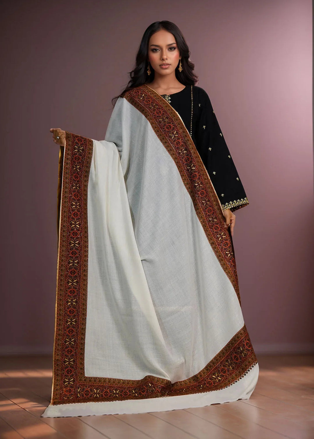Sanaulla Exclusive Range Pashmina Shawl D-17 White - Winter Collection