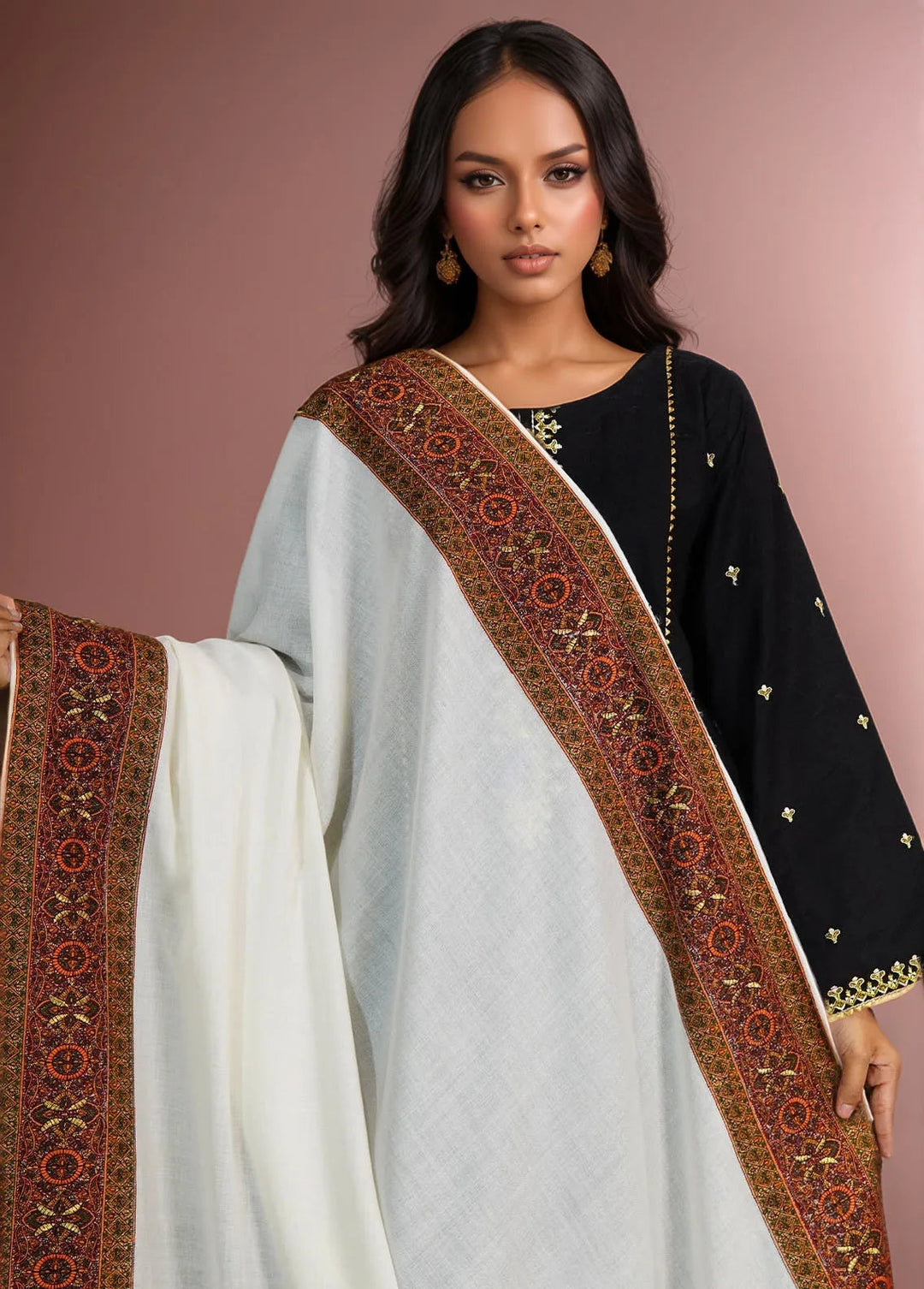Sanaulla Exclusive Range Pashmina Shawl D-17 White - Winter Collection