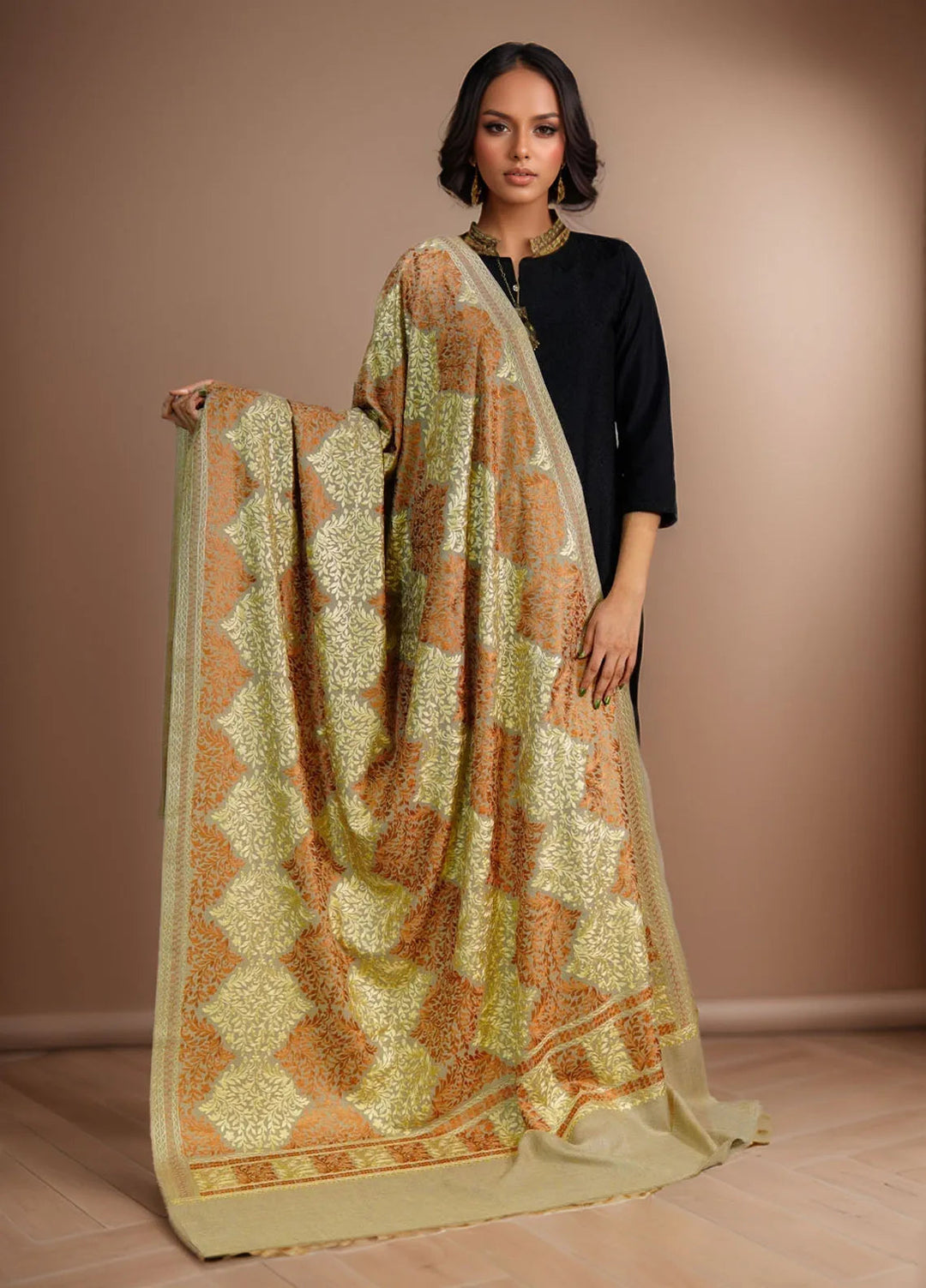 Sanaulla Exclusive Range Pashmina Shawl D-26 Light Brown - Winter Collection