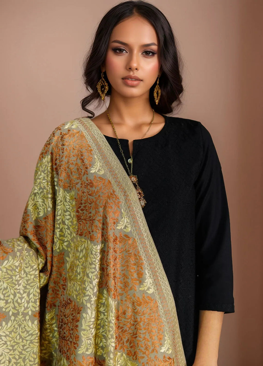 Sanaulla Exclusive Range Pashmina Shawl D-26 Light Brown - Winter Collection