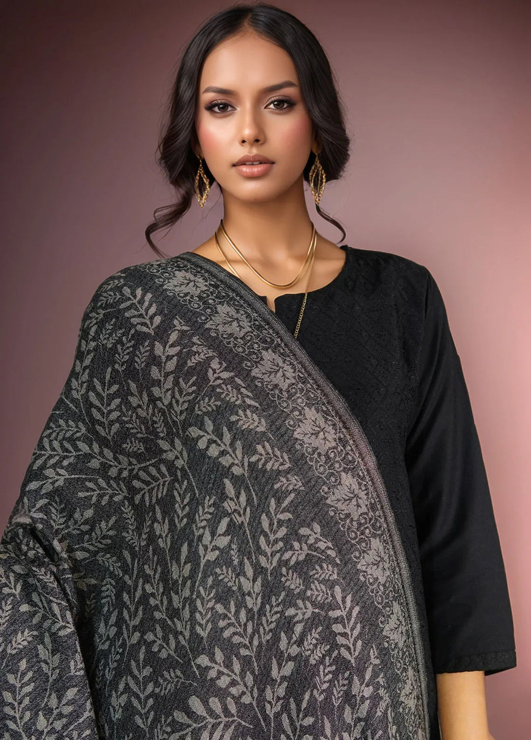 Sanaulla Exclusive Range Pashmina Shawl D-28 Dark Grey 1 - Winter Collection