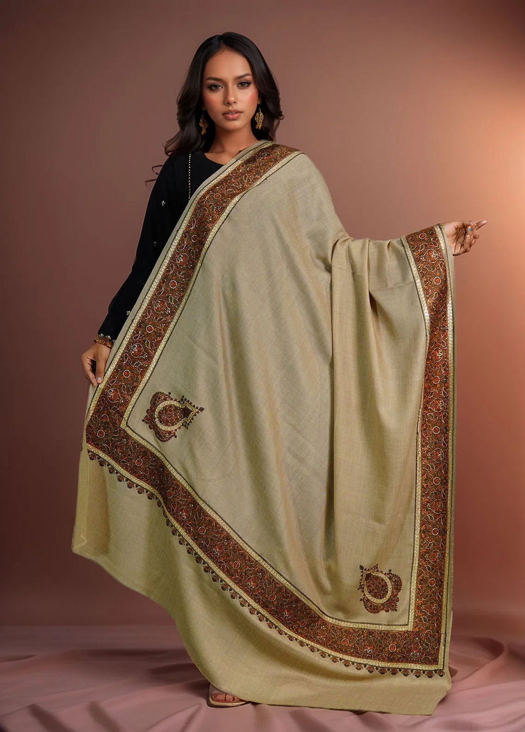 Sanaulla Exclusive Range Pashmina Shawl D-32 Light Brown - Winter Collection