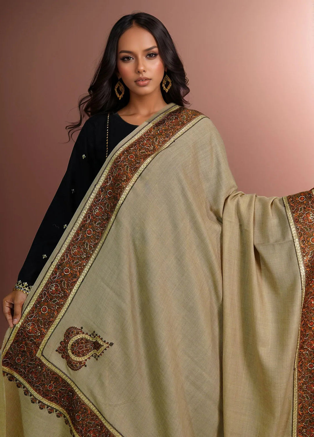 Sanaulla Exclusive Range Pashmina Shawl D-32 Light Brown - Winter Collection