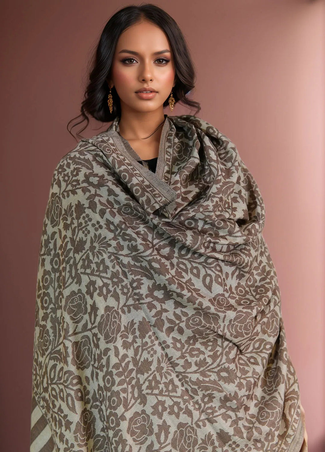 Sanaulla Exclusive Range Pashmina Shawl D-38 Dark Brown - Winter Collection
