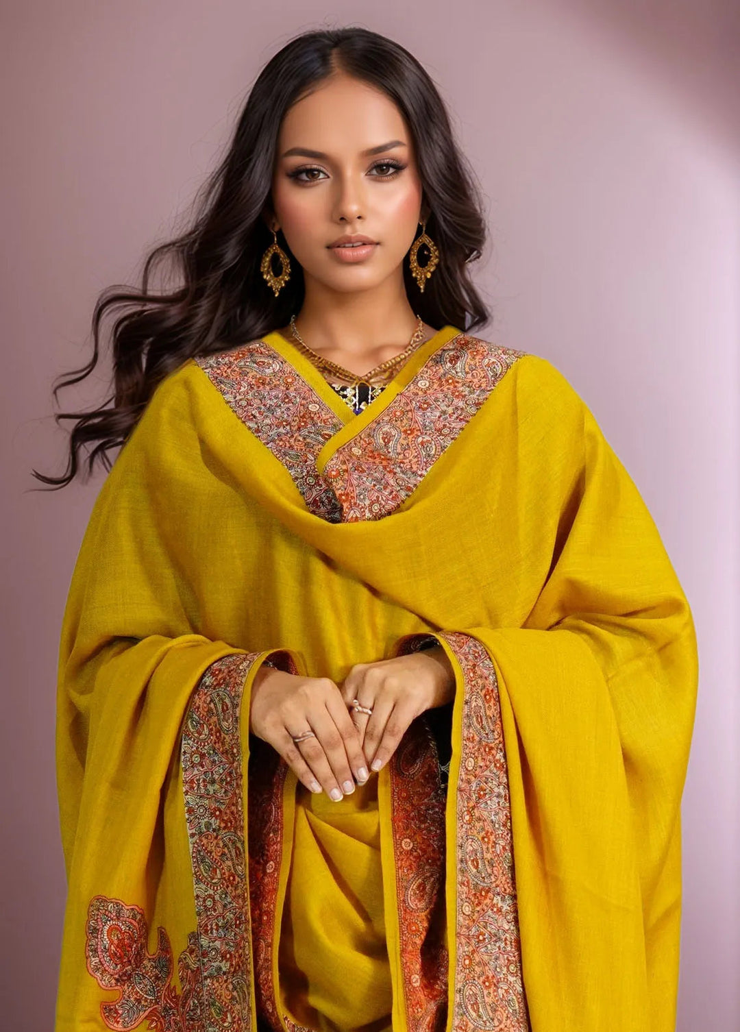Sanaulla Exclusive Range Pashmina Shawl D-46 Yellow - Winter Collection