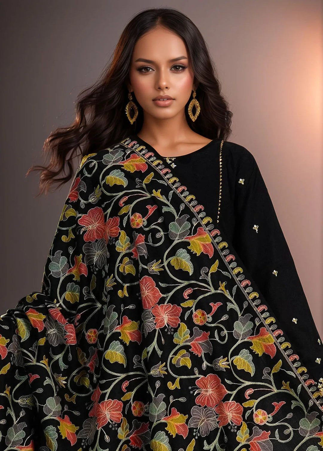 Sanaulla Exclusive Range Pashmina Shawl D-47 Black 2 - Winter Collection