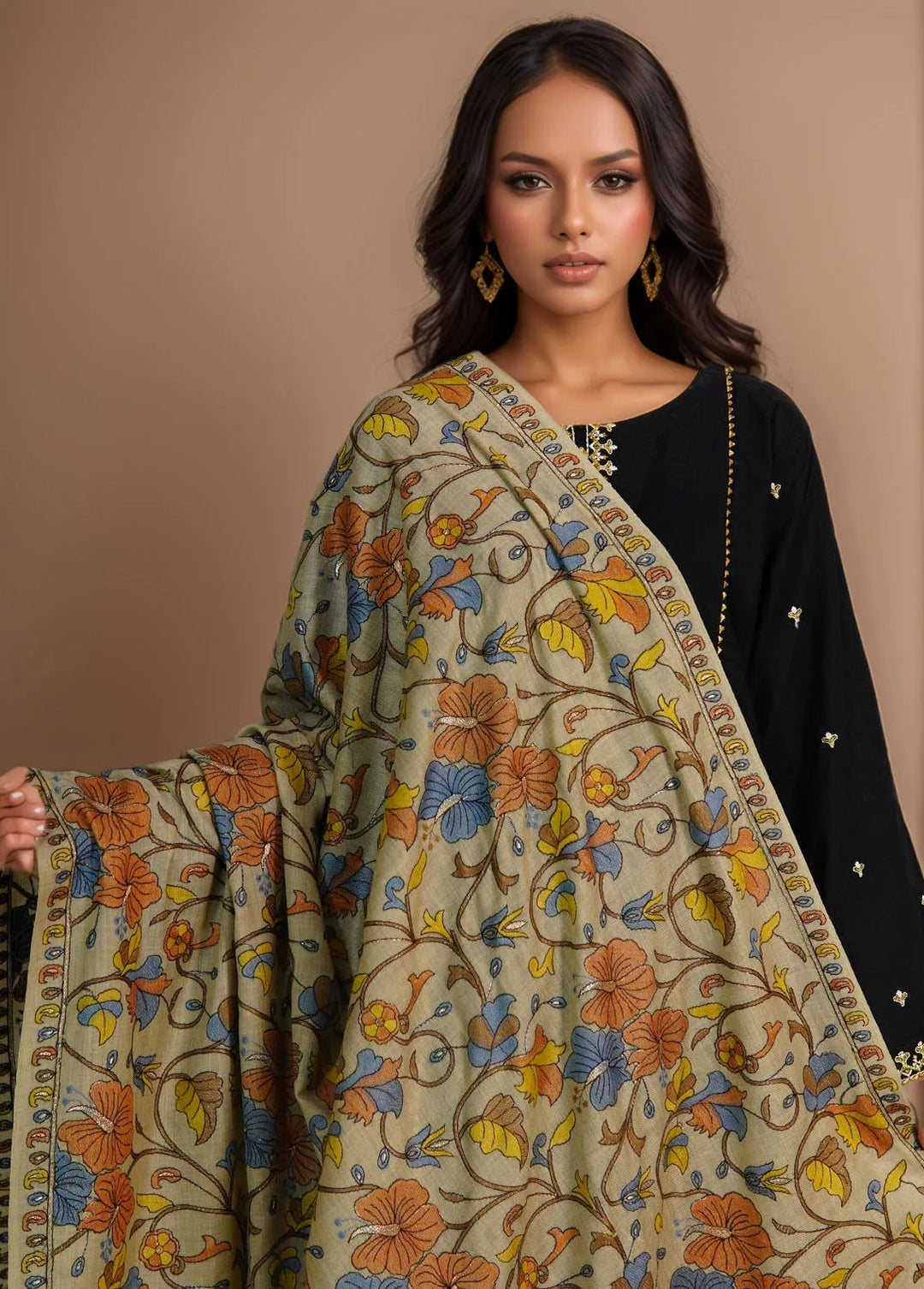 Sanaulla Exclusive Range Pashmina Shawl D-47 Light Brown - Winter Collection