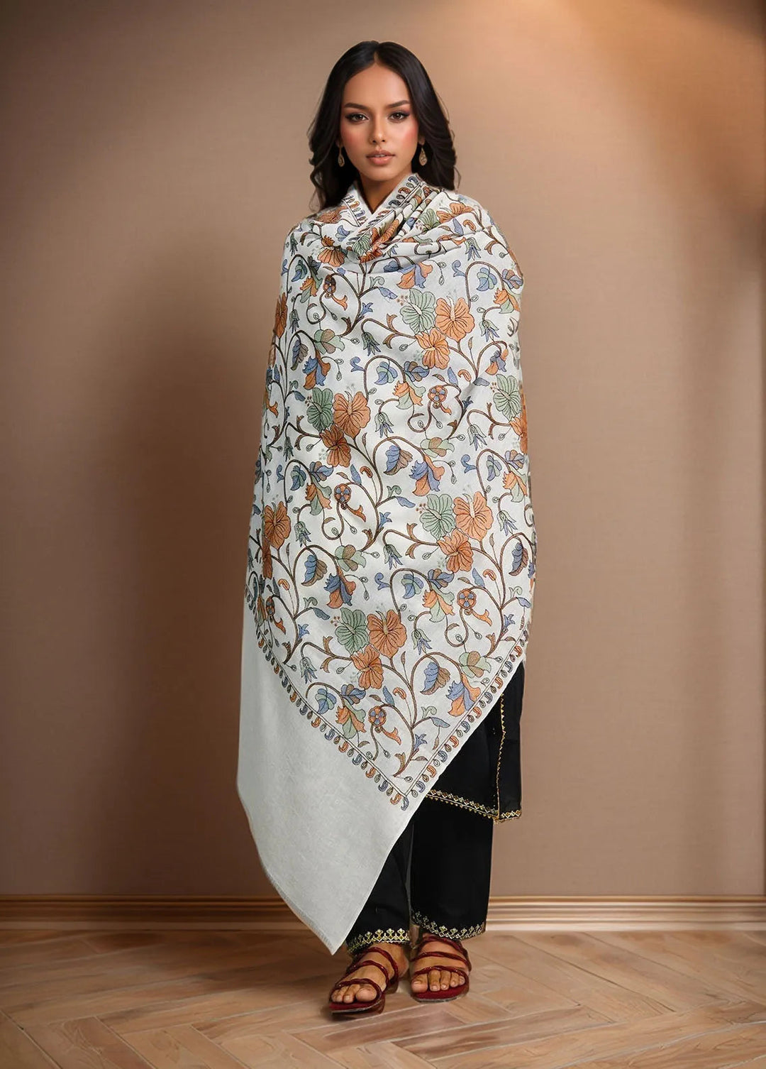 Sanaulla Exclusive Range Pashmina Shawl D-47 White - Winter Collection