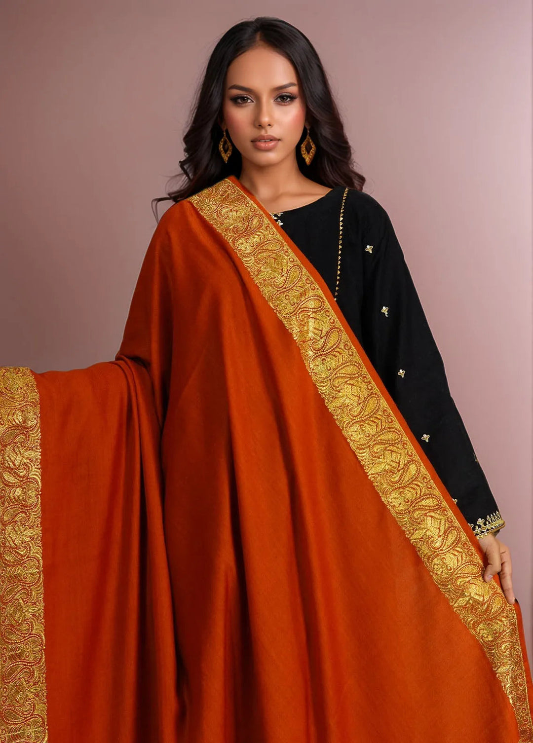 Sanaulla Exclusive Range Pashmina Shawl D-56 Orange - Winter Collection