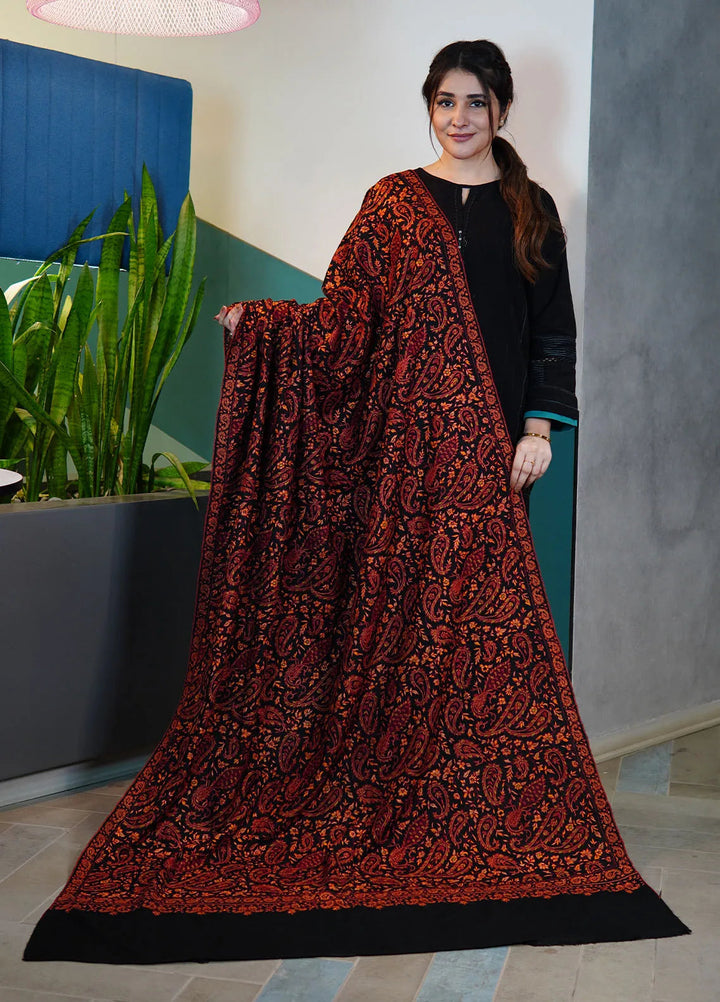 Sanaulla Exclusive Range Pashmina Shawl Fancy Black Maroon Shawl - Winter Collection
