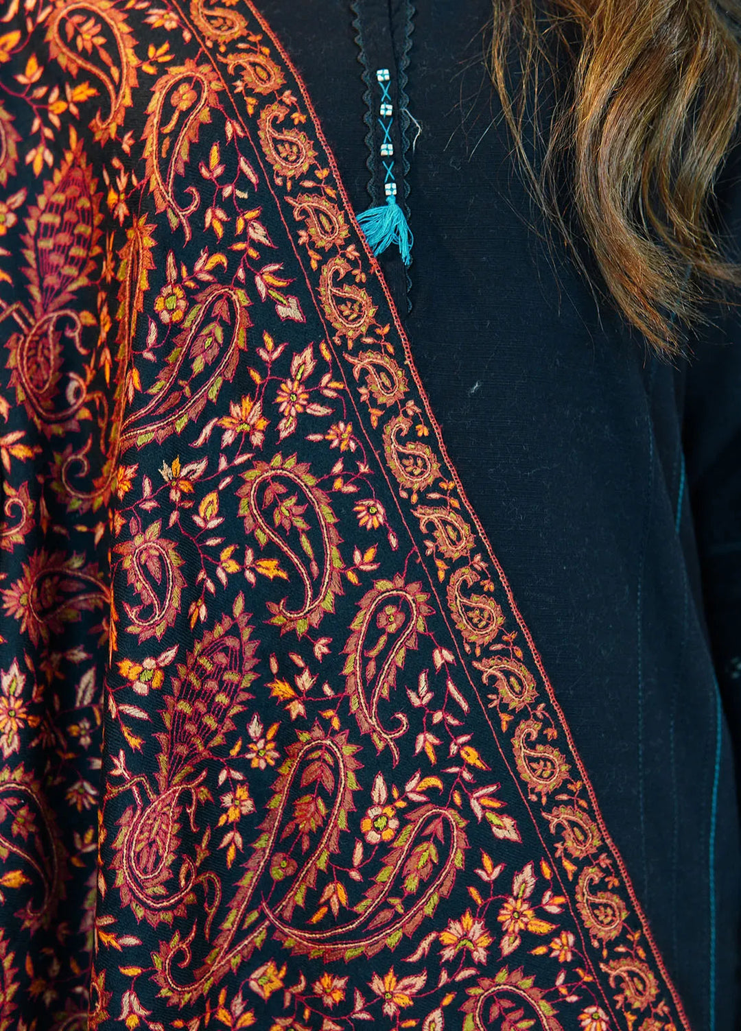 Sanaulla Exclusive Range Pashmina Shawl Fancy Black Maroon Shawl - Winter Collection